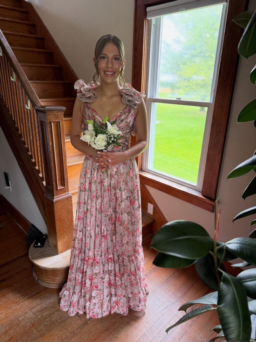 MAC DUGGAL Pink Ruffle Tiered Cut-Out Chiffon Floral Gown - Picture 14 of 16